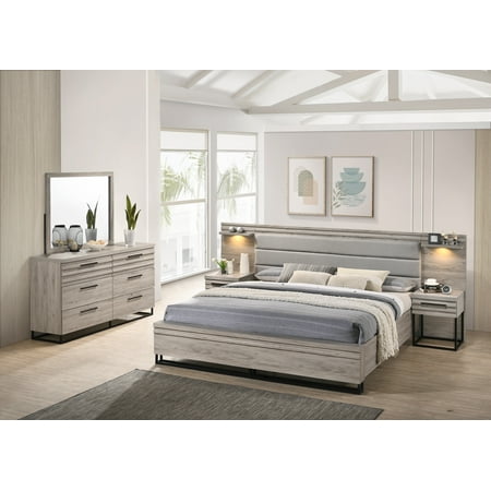 Roundhill Furniture Alvear Wallbed Bed with White LED Lights Dresser Mirror and 2 Nightstands Weathered Gray King