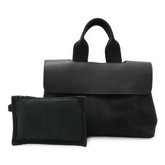 Pre-Owned HERMES Valparaiso PM handbag tote bag in Toile Chevron leather black. (Fair)