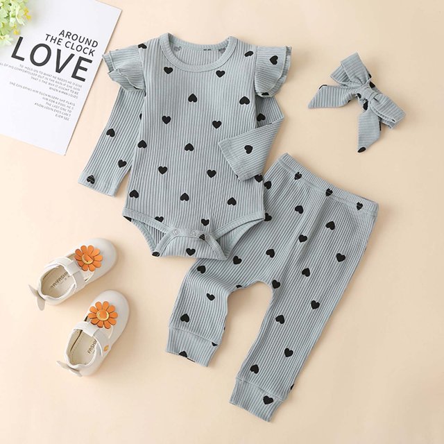 DPTALR Toddler Baby Kids Girls Heart Print Ruffle Romper Pants Headband Clothes Suit