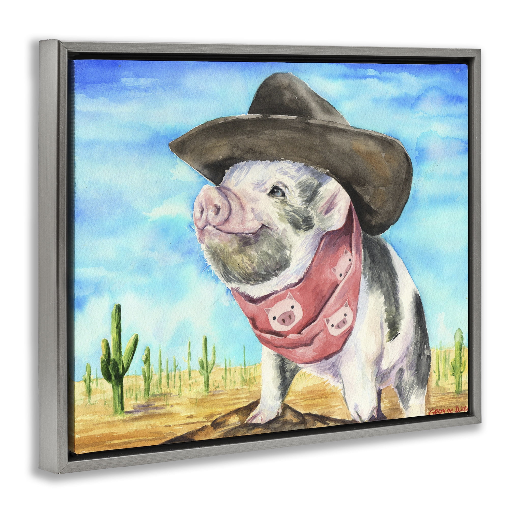 Stupell Industries Wild West Cowboy Pig Animals & Insects Painting Gray Floater Framed Canvas Art Print Wall Art, 21 x 17