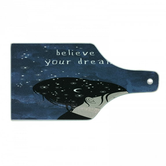 Wording Cutting Board, Portrait of Woman with Dark Hair and Moon Stars Dream Believer Words Feminine Art, Decorative Tempered Glass Cutting and Serving Board, Wine Bottle Shape, Blue, by Ambesonne