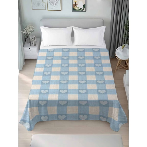 Blue Plaid Full Size Flat Sheet, Wrinkleproof & Fadeproof Cooling Flat Bed Sheet Only, Country Cute Love Pastoral Heart Lattice Breathable Soft Bedding Top Sheets 81 x 96 Inches
