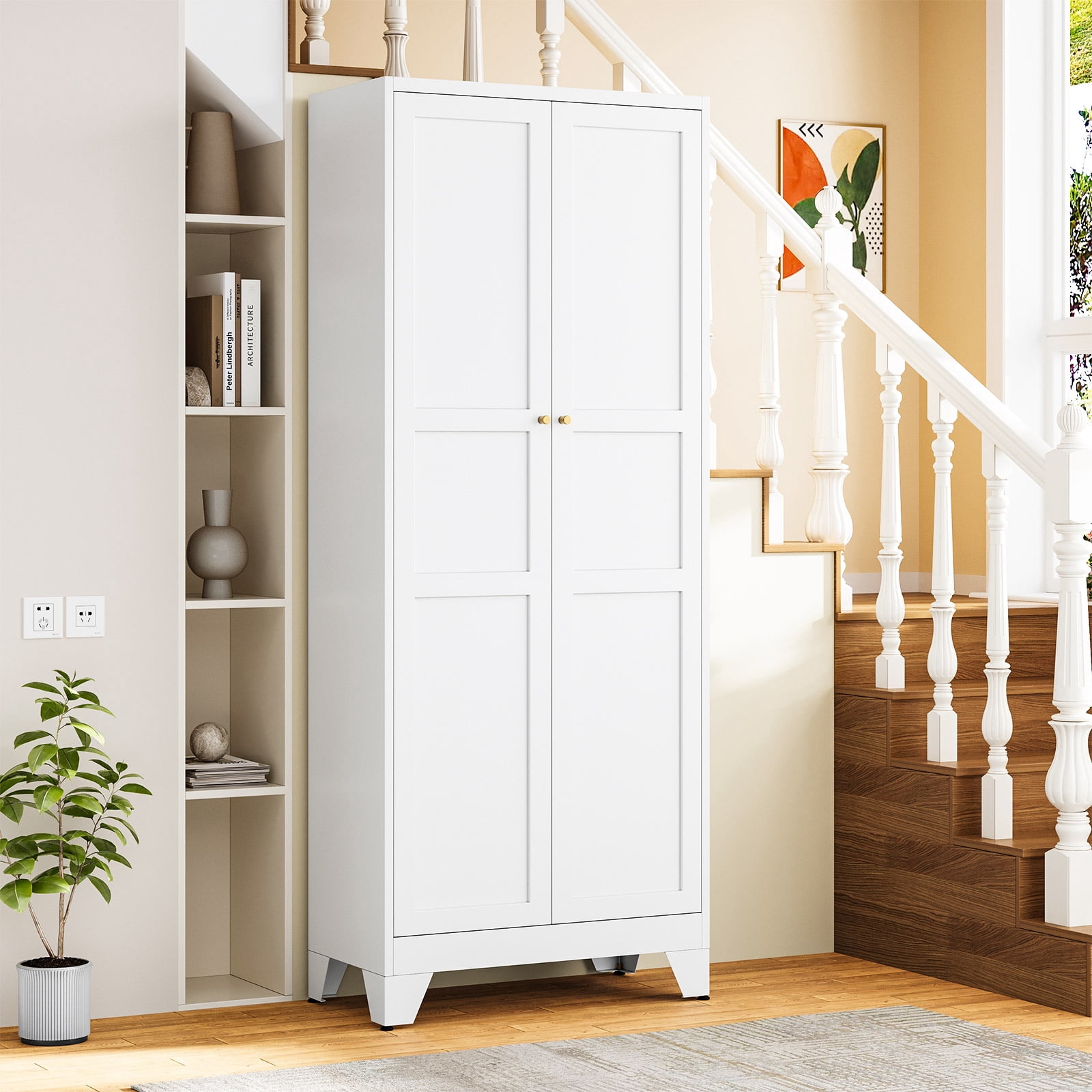 STANI 75"H Freestanding Storage Cabinet with 4 Adjustable Shelves and Legs, Metal/Alloy Steel, for Cupboard/Dining Room/Bathroom/Living Room/Office/Laundry Room (White, 75"H)