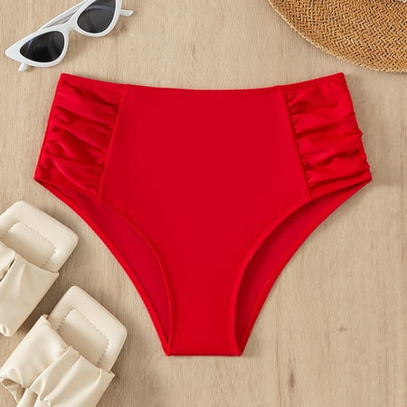 Ovticza Full Coverage Bikini Bottoms for Women Mid Rise Bathing Suit Bottoms for Women Ruched Tummy Control Swim Bottoms Red S