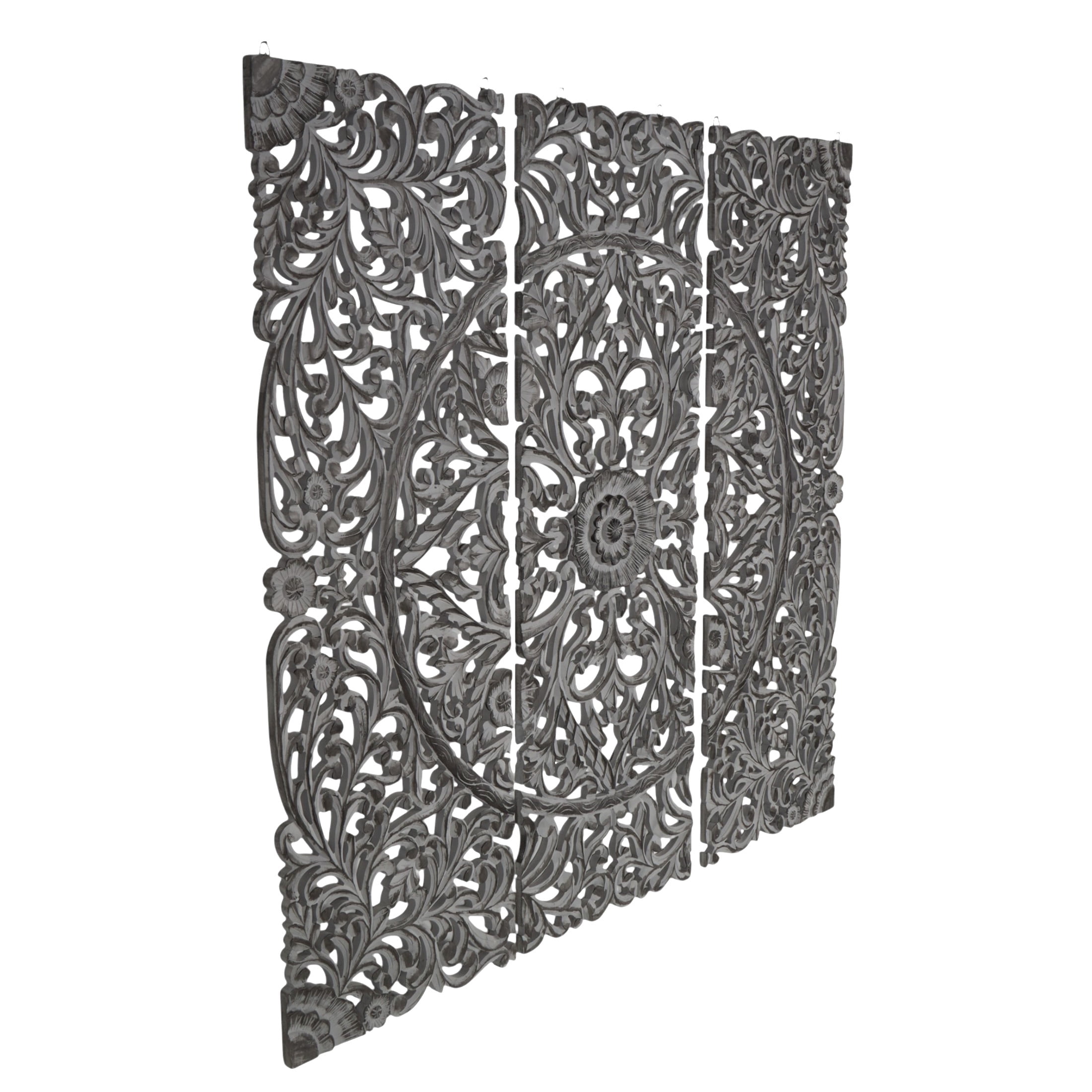DecMode Traditional Wood Handmade Gray Carved Floral with Mandala Design Wall Décor, Set of 3 24"W x 72"H