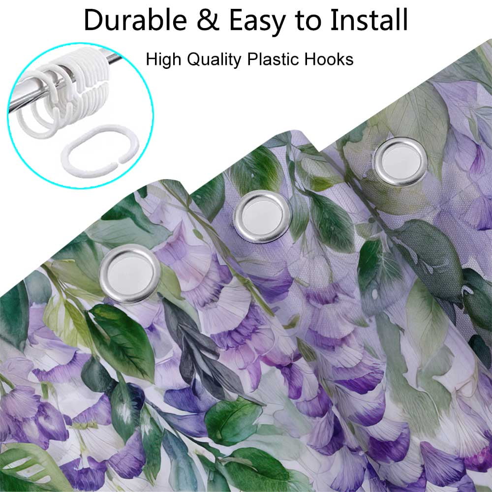 Purple Lavender Floral Butterfly Shower Curtain, Spring Purple Lilac Flower Leaves Fabric Shower Curtains Set for Girl Bathroom Decorative, Watercolor Restroom Decor Accessories with Hooks 72X72 Inch