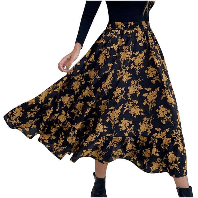 falda acampanada delgada con estampado de costuras de longitud media a la moda informal para mujer wmkox8yi — falda negra de línea A hasta media pierna con estampado floral mostaza, talle alto elástico, silueta swing plisada y volante en el bajo. Composición poliéster, vista 3/4 frontal con modelo moviendo la falda; también suele usarse como prenda ligera para viajes o vacaciones.