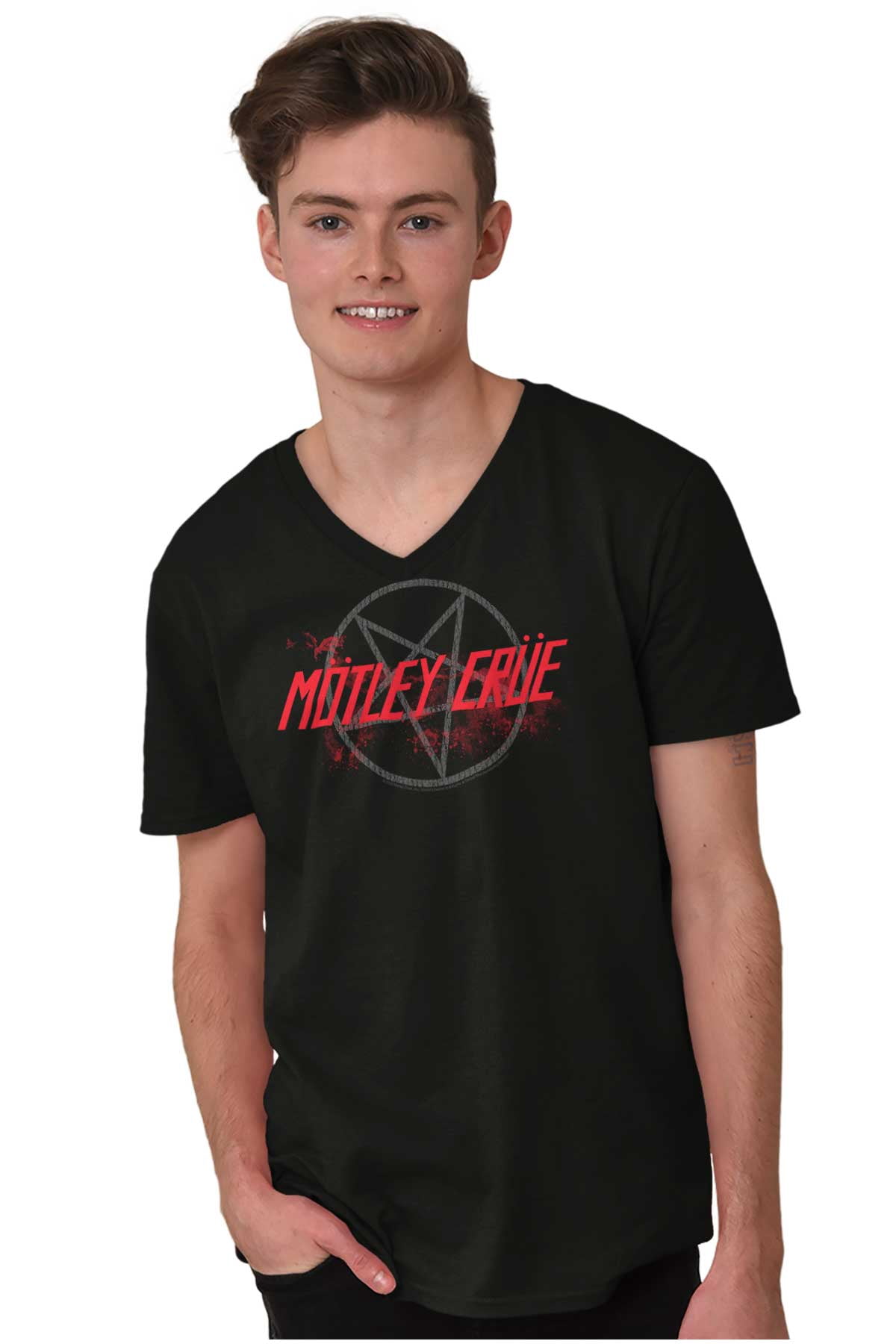 Motley Crue Band Pentagram Logo V-Neck 