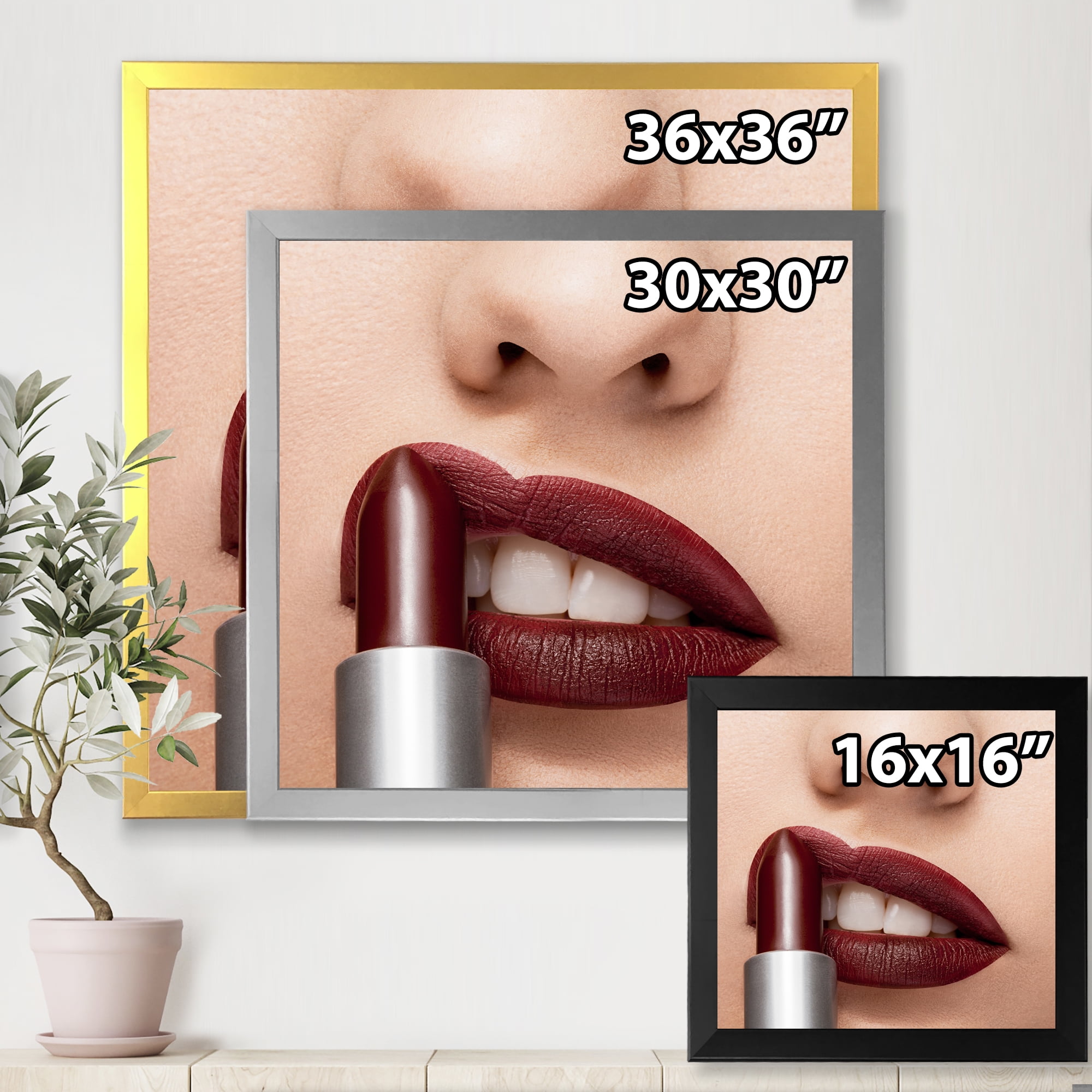 Designart 'Red Lipstick Getting Applyed On Woman Lips' Modern Framed Art Print