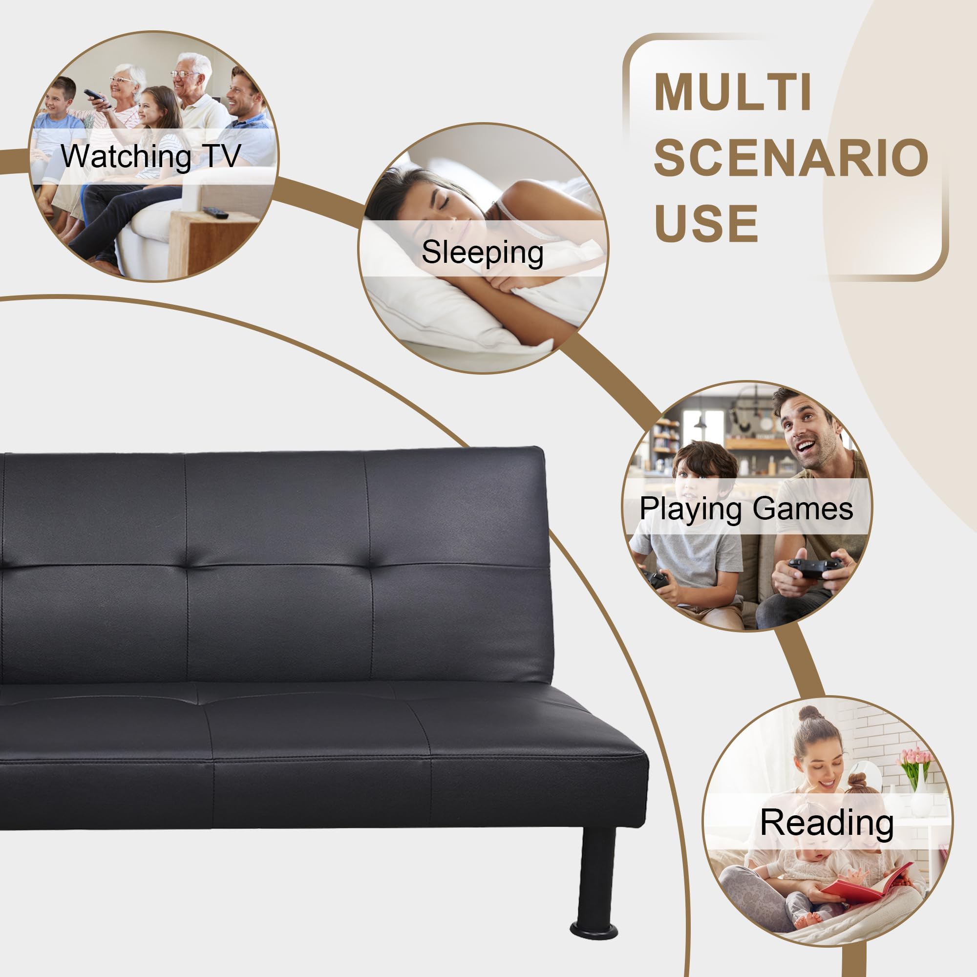 Aukfa Modern Futon Convertible Sofa Bed for Home Office, Tufted Back, Leather, Black