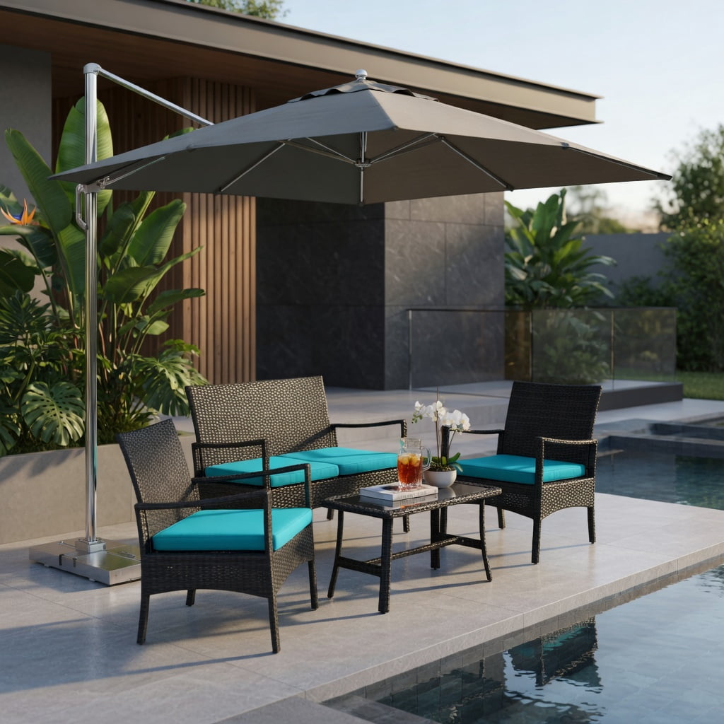 Hommoo 4-Piece PE Rattan Outdoor Conversation Set with Tempered Glass Coffee Table, Metal Frame, Backyard Patio Furniture, Turquoise