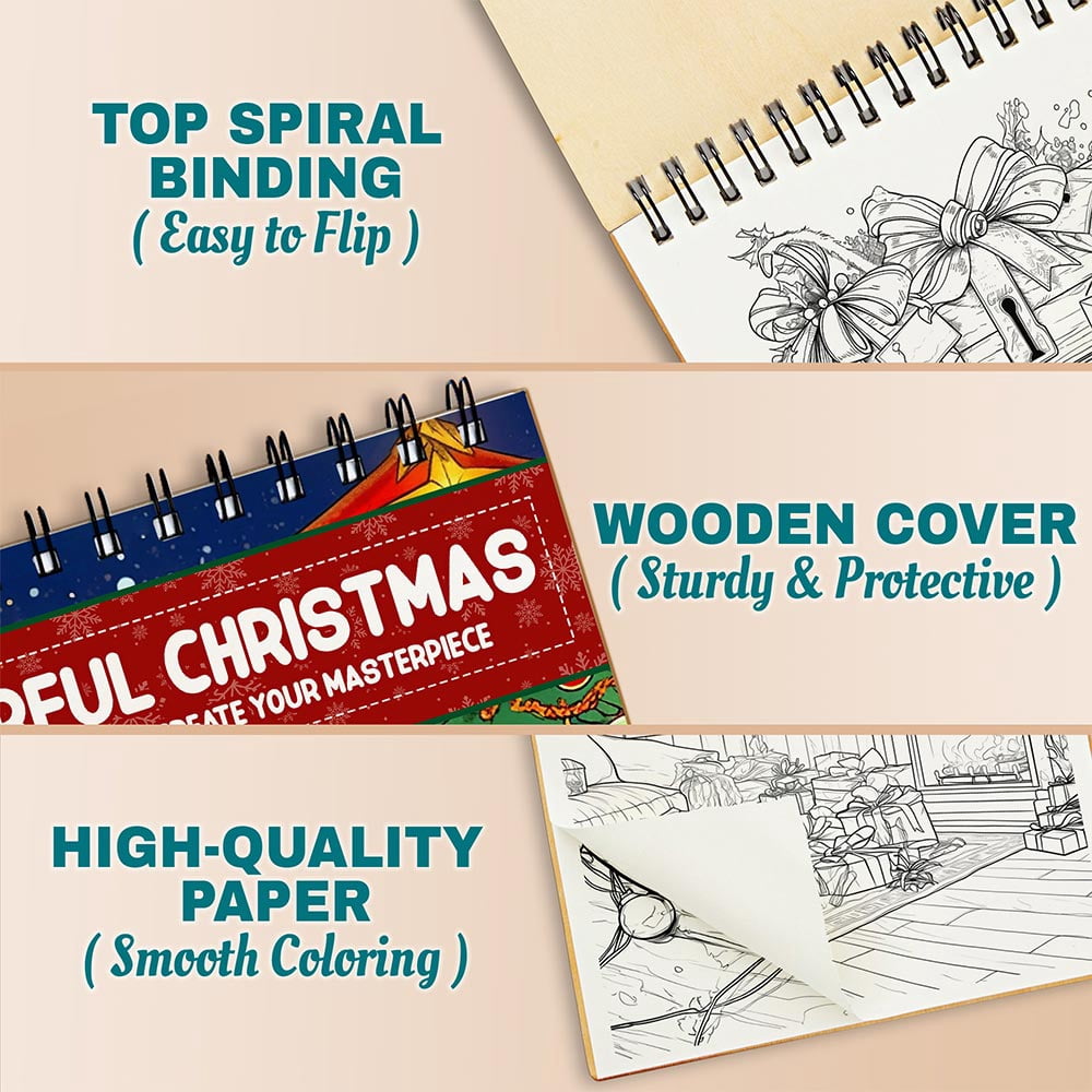 Netecom Cheerful Christmas Coloring Book Spiral Bound for Adults, A5 Wooden Cover, 30 Cute and Cozy Coloring Pages for Holiday Scenes, Stress Relief and Relaxation
