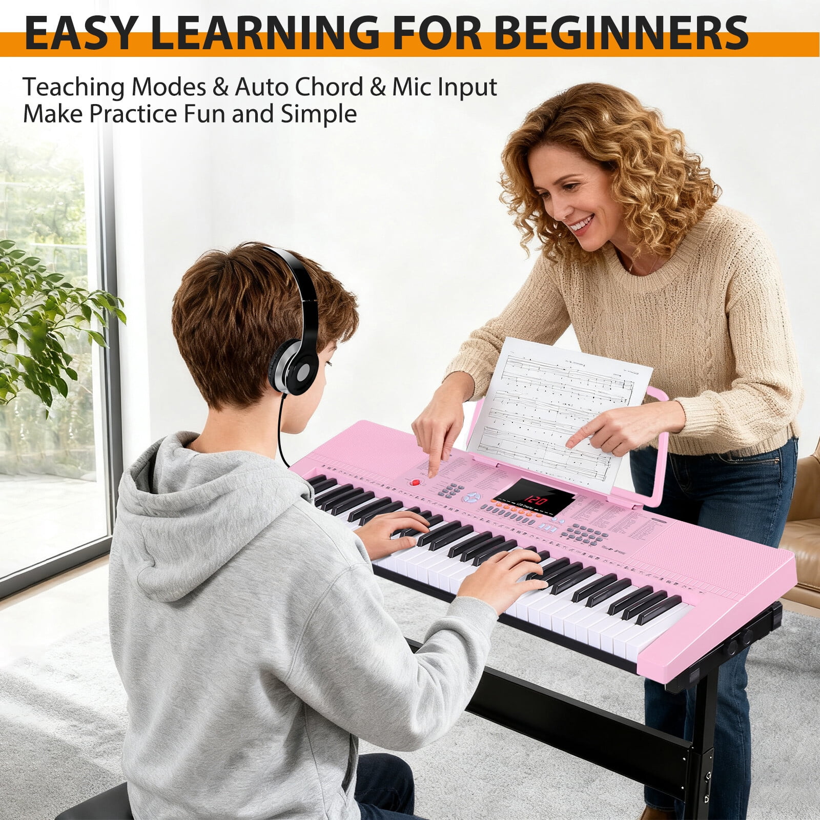 ZENSTYLE Electronic Keyboard 61 Key Electric Digital Music Piano Organ with Stand Headphones Microphone Portable Pink