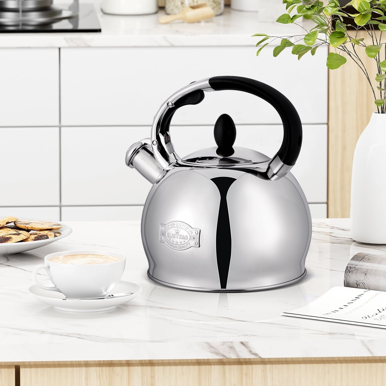 SUSTEAS 2.64 Quart Stove Top Whistling Tea Kettle and 57oz Electric Kettle  with Thermometer and SUSTEAS 57oz Electric Kettle with Thermometer