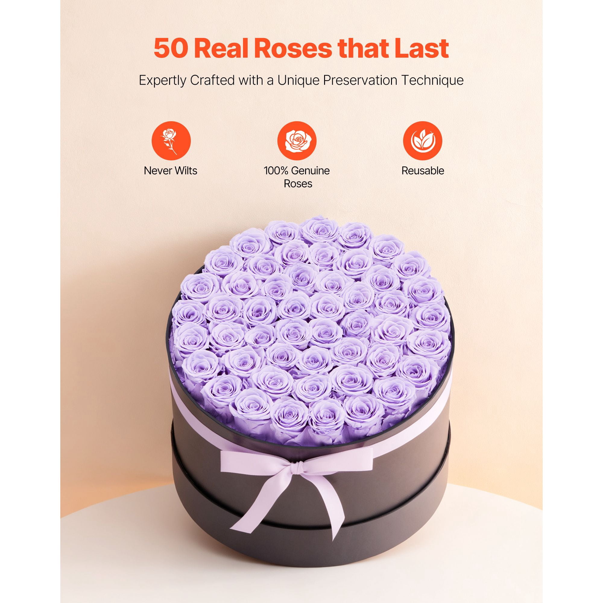 Preserved Roses 50 Real Roses in Round Box Lasts Up to 3 Years No Watering Needed Light Rose Fragrance Clear Top for Decor