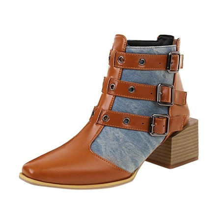 OJSFQUFP Womens Shoes Winter Warm Boots Women s Autumn and Winter Fashion Belt Buckle Matching Color Mid Heel Ankle Boots Round Head Back Zipper Ankle Boots Womens Wide Boots Blue 41