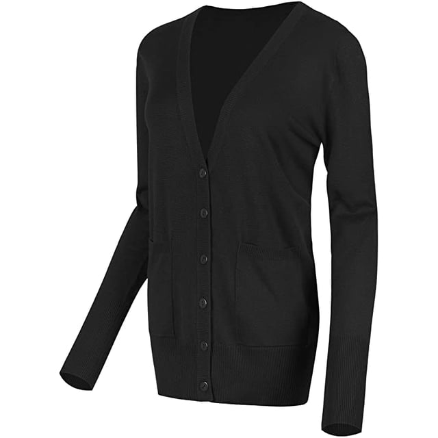 Women's Long Sleeve Button Down Basic Cardigan Sweater, Black, S