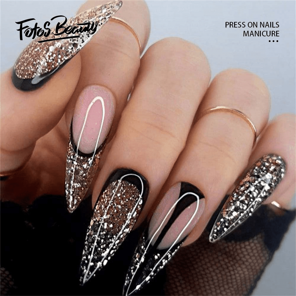 Fofosbeauty 24pcs Almond Fake Press-on Nails for Girls Women,Gray Frosted  Gold Glitter Rhinestones 