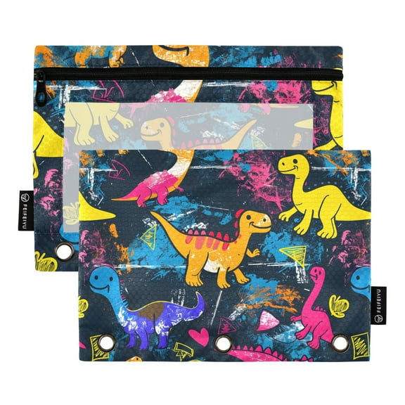 Fun Colorful Dinosaurs 2 Pack Pencil Pouch for 3 Ring Binder Smooth Zipper Folders with Pockets Clear Window Pencil Case