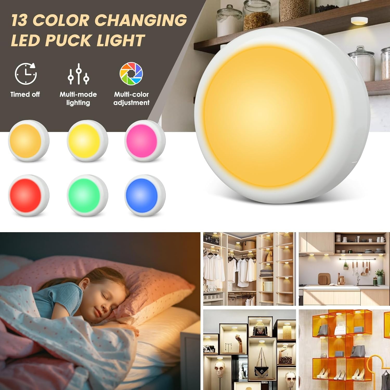 JJEAN-RGBW Color Changing Puck Lights with Wireless Remote - 16 Colors Dimmable Under Cabinet, Battery Powered LED Push Puck Lights with Timer & Memory Function, White (3 Pack)