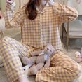 thumbnail image 1 of Conjunto de pijama a cuadros con estampado rojo para mujer, ropa de dormir informal con solapa y pantalones de manga larga, 2 piezas, servicio a domicilio, primavera y otoño, 1 of 4