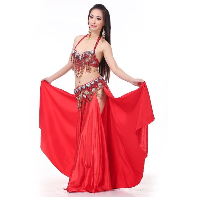 de Danza de Vientre Hendidura Cintura Alta Elástica Traje rojo Hugo Falda de danza del vientre para mujer