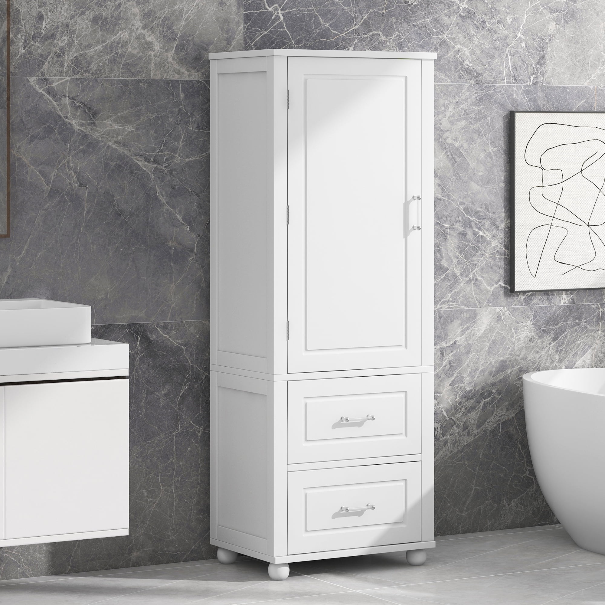 EUROCO 61.4'' Tall Bathroom Storage Cabinet, MDF Board Floor Storage Cabinet with Door, 2 Drawers and Adjustable Shelf, Freestanding Cabinet with Painted Finish for Bathroom, Living Room, White