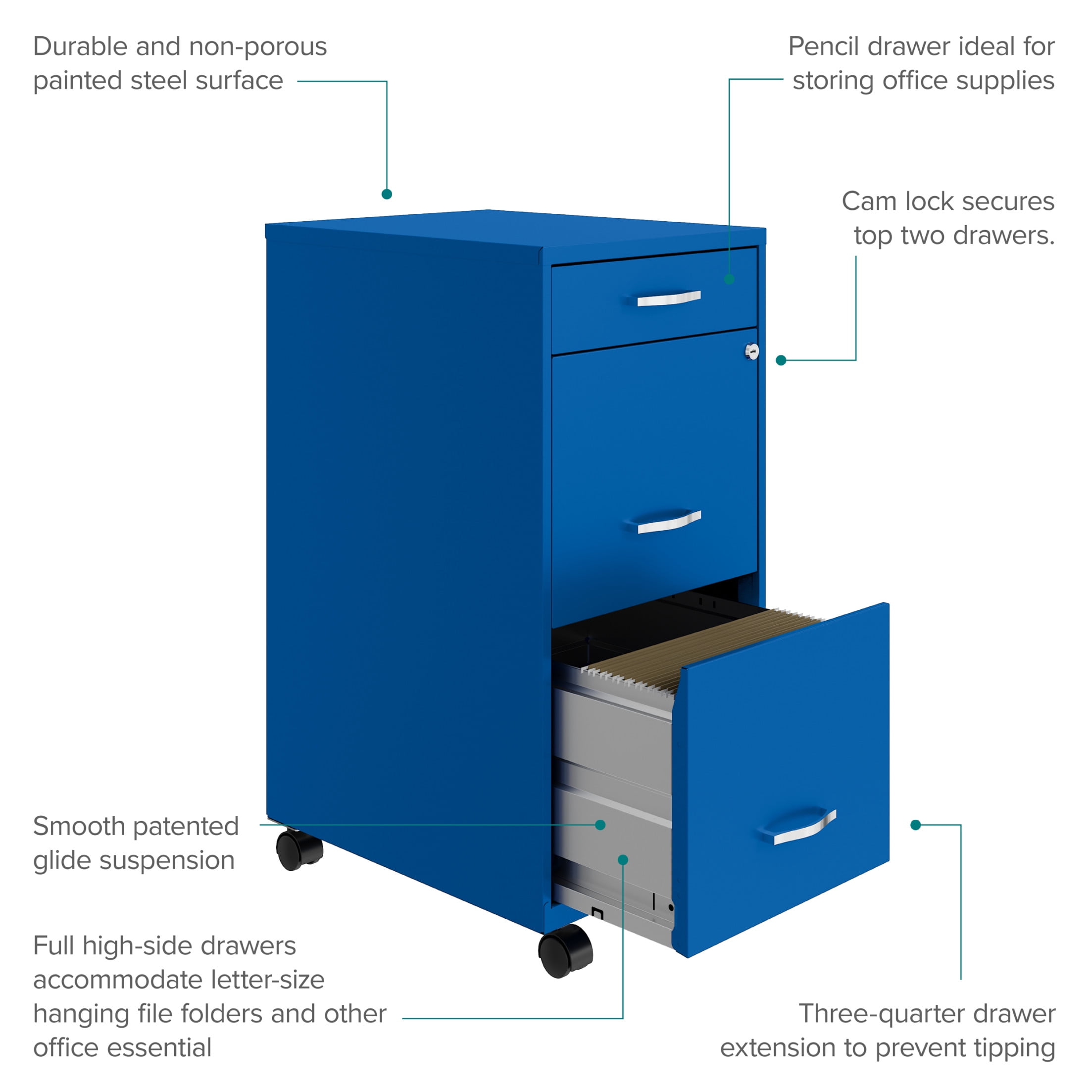 Space Solutions 18" Deep 3 Drawer Mobile Letter Width Vertical File Cabinet, Blue