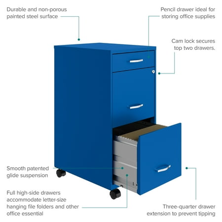 Space Solutions - 18" Deep 3 Drawer Mobile Metal File Cabinet with Pencil Drawer - Classic Blue