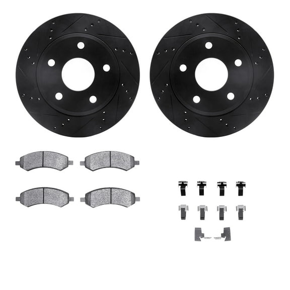 Dynamic Friction Company Front Brake Rotors-Drilled and Slotted-Black with Ultimate Duty Performance Brake Pads includes Hardware 8412-40018