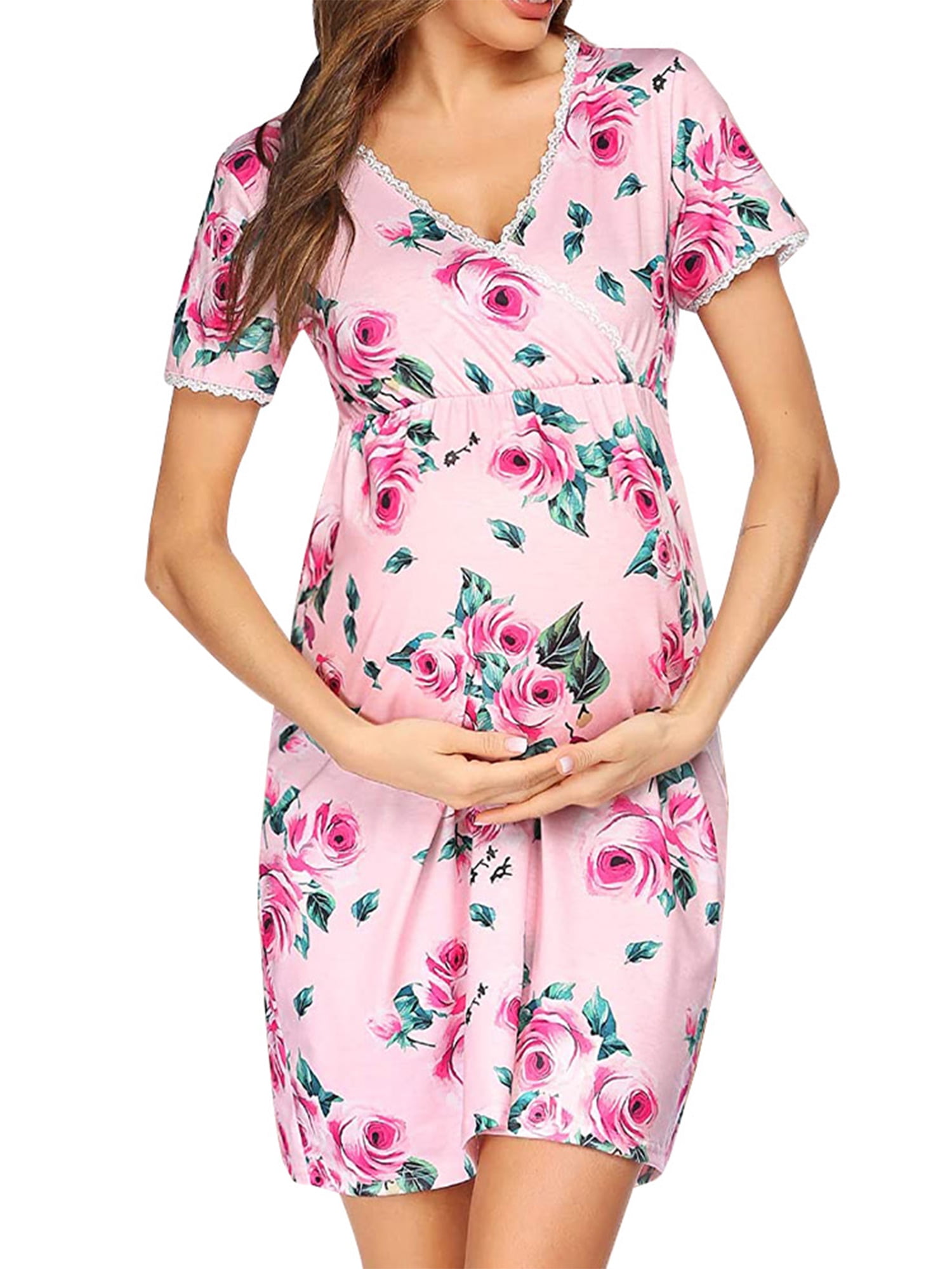 Black Maternity Nursing Pajama Two Piece Dress Nightgown Long Sleeve S M L XL 
