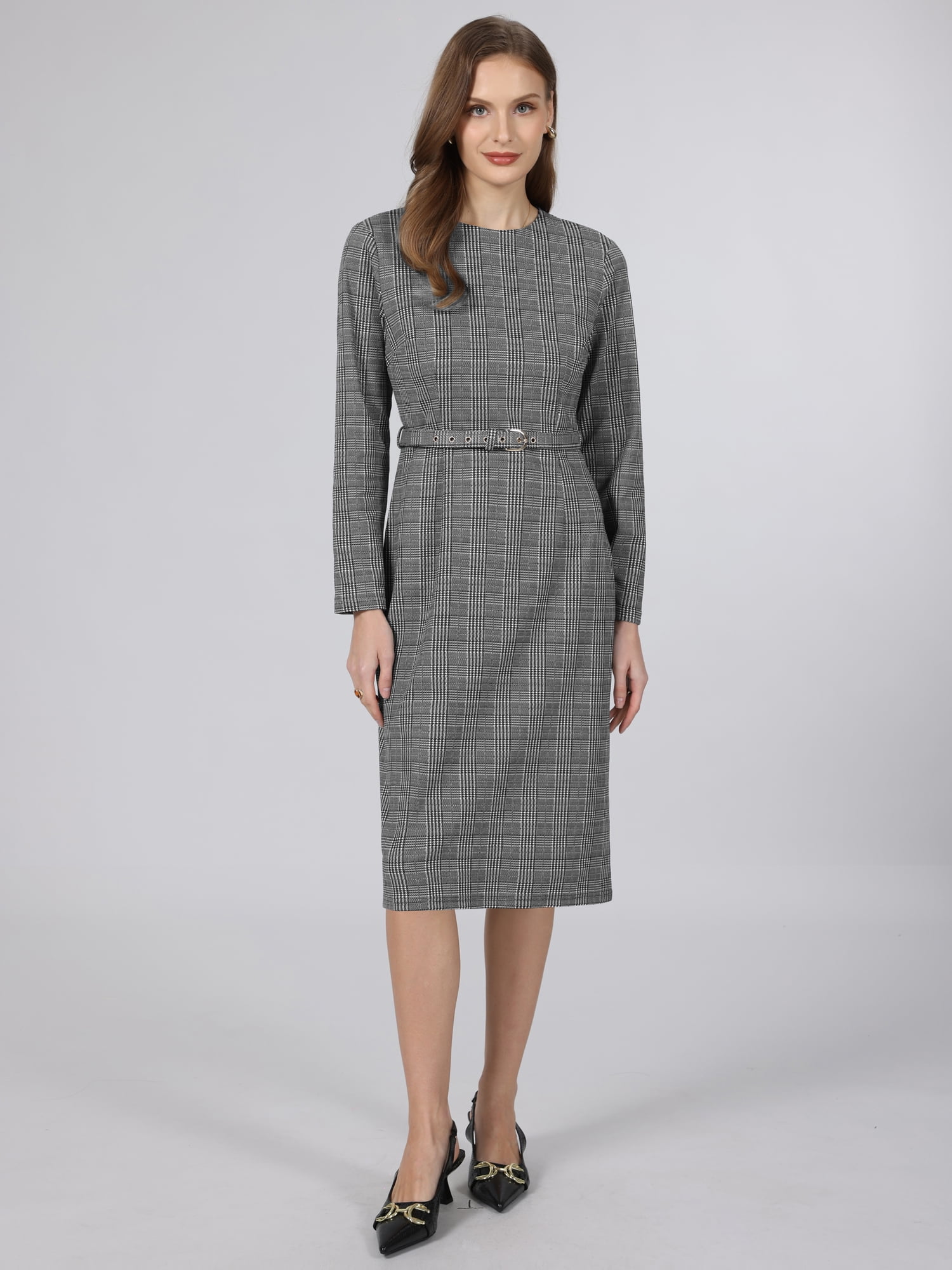 DARING DIVA Women's Houndstooth Long Sleeve Business Office Dress XL Grey Black