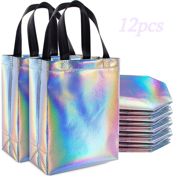 Reusable Goodie Bags 12 Pack Iridescent Gift Bags with Handles for Christmas Party(10x8x4in)