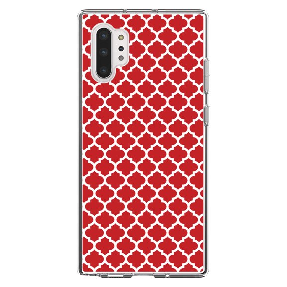 DistinctInk Clear Shockproof Hybrid Case for Galaxy Note 10 PLUS (6.8" Screen) - TPU Bumper, Acrylic Back, Tempered Glass Screen Protector - Red White Moroccan Lattice