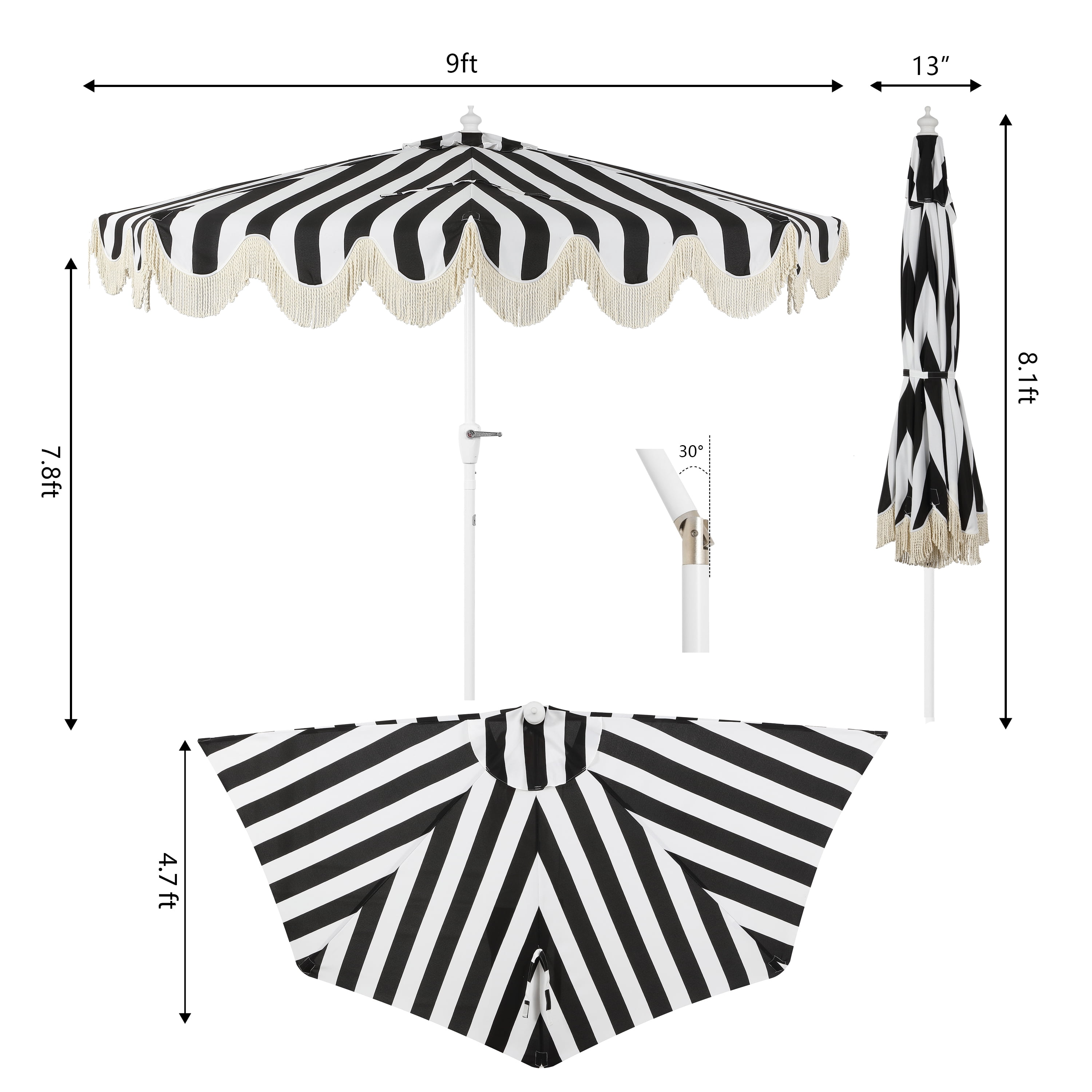 JONATHAN Y Beverly 9 ft. Half Market Patio Umbrella, Designer Classic Scalloped Fringe with Crank, Tilt Button and UV Protection, Black/White, White Pole