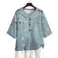 thumbnail image 7 of LEKWK Womens Summer Linen Top Bird Floral Print Trendy Tops 3/4 Sleeve Going Out Tops V Neck Button Decor Art Style Vacation Wear, 7 of 7