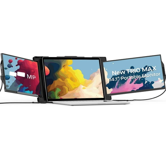 Nouveau Moniteur Portable Pixels Trio Max, 14.1 Pouces Triple Moniteurs pour Ordinateurs Portables 15 Pieds'-17.3 Pieds' (Support Intégré), Écran d'Ordinateur Portable USB A/Type-C FHD (Aimants Optionnels)