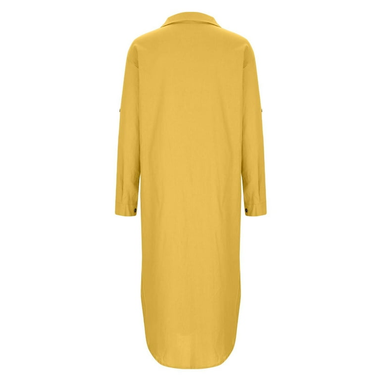 SMihono Womens V Neck Linen Maxi Shirt Dress Loose Long Sleeve Side Slit  Button Down Cotton Dress Casual Flowy Shift Dresses Yellow XL - Walmart.com