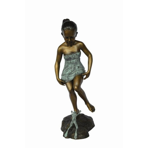 Girl looking at a frog bronze statue - Size: 16"L x 13"W x 36"H.