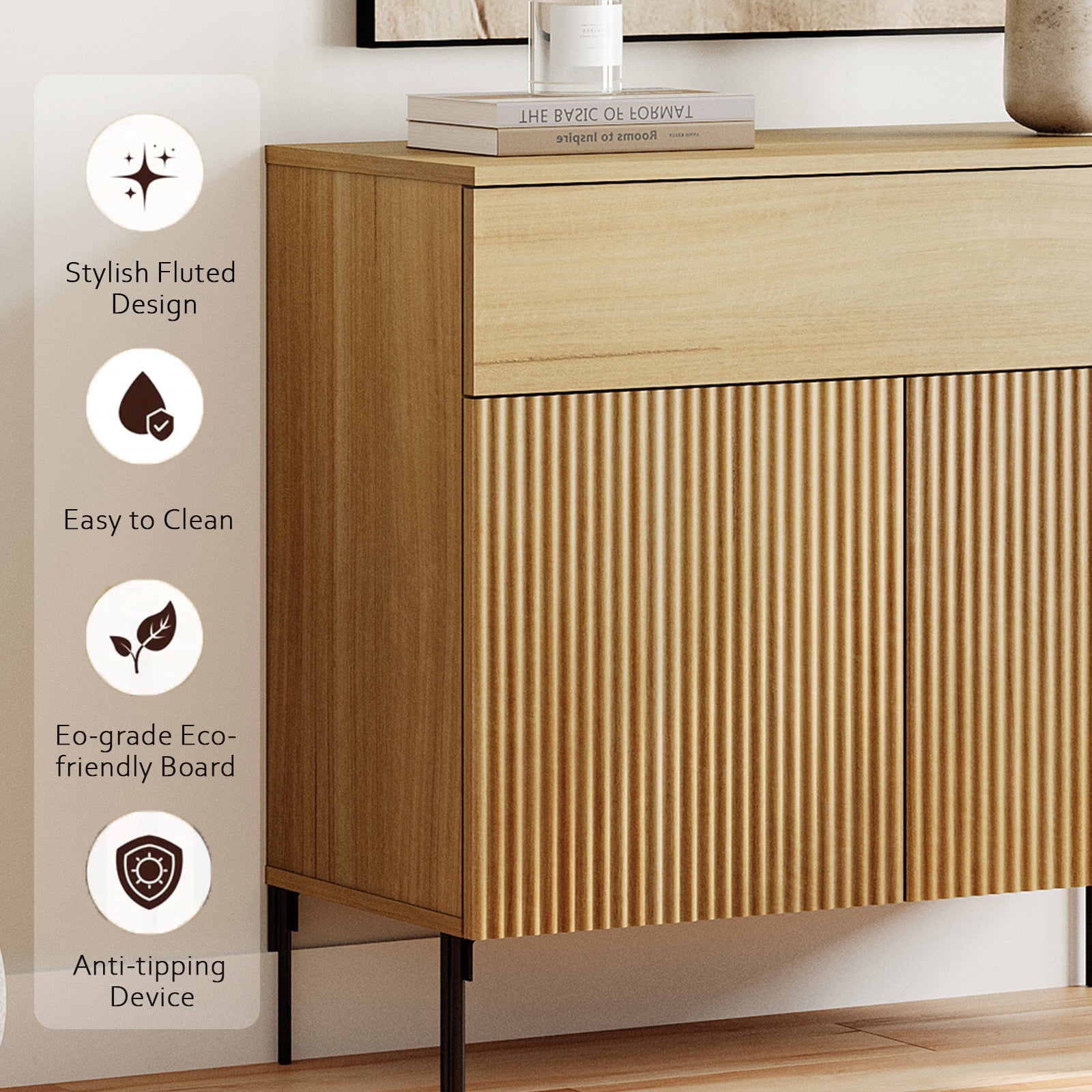 31.5" Reeded Accent Cabinet with 2 Doors and Drawer, Modern Credenza Storage Cabinet with Metal Legs for Living Room, Kitchen, Dining Room, Hallway