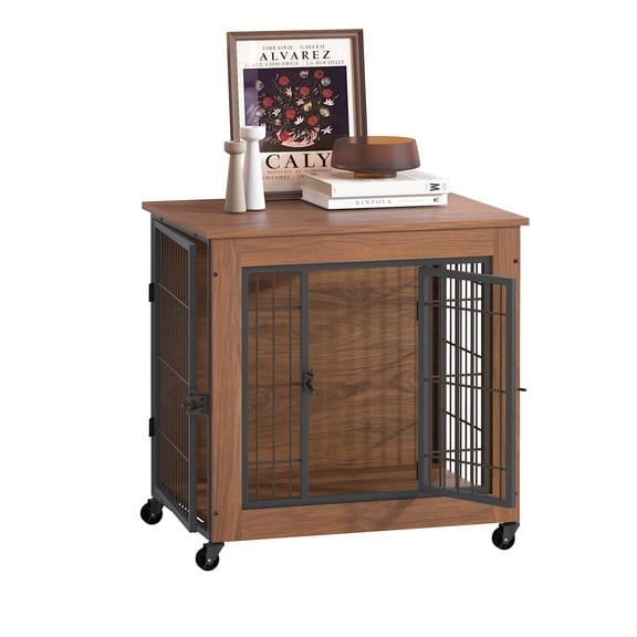 27.2" Dog Crate Furniture with Wheels for Small Dogs, Wooden Indoor Kennel with 2 Doors, Heavy Duty Metal Dog Cage End Table, Double Door Pet Crate, Brown