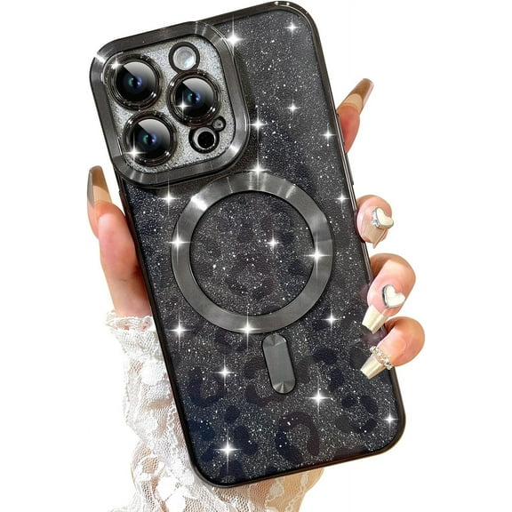 Magnetic Glitter for iPhone 15 Pro Max [ Compatible with MagSafe ], Luxury Leopard Print Pattern Plating Bling Clear Case,Camera Protection Sparkly Slim Soft Back Cover for Women Girls,Black