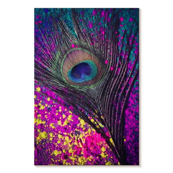 Elephant Stock Speckled Peacock Feather Wall Art - Vertical Canvas Wall Art - Living Room Wall Decor - Decor Elements Canvas - Blue And Yellow Decor - 8" x 12"