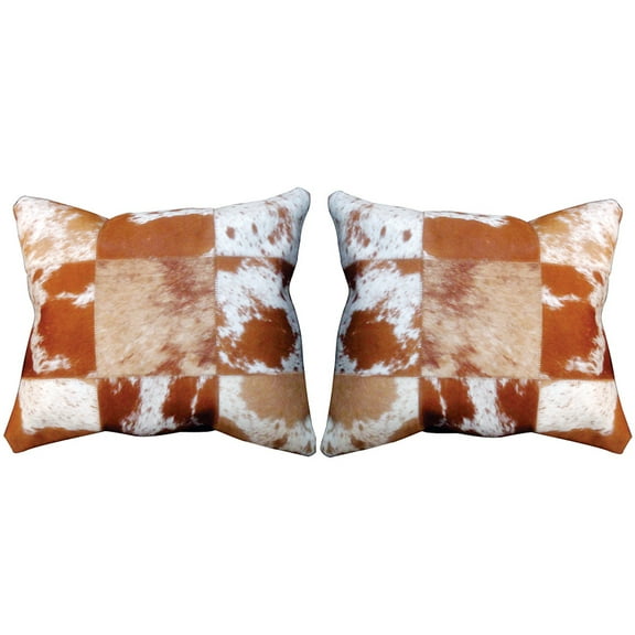 Hilason Set Of 2 Cowhide Leather Hair-On Patchwork Cushion Pillow Cover 16 X 16