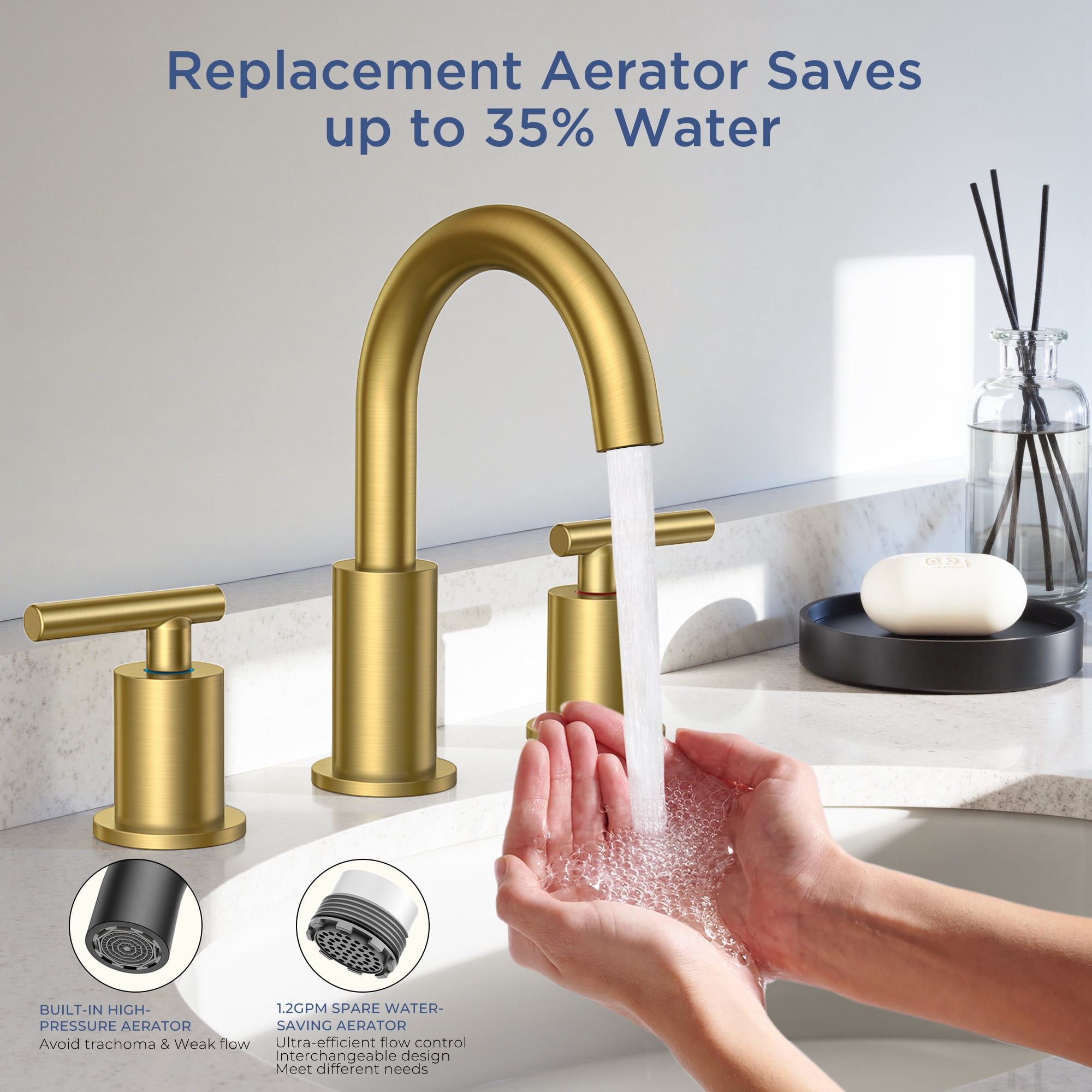 TVOFEK 8 inch Widespread Bathroom Faucet, 3 Hole Brushed Gold Sink Faucets with Metal Drain and Supply Lines, Stainless Steel Lead-Free for Vanity, RV, Farmhouse