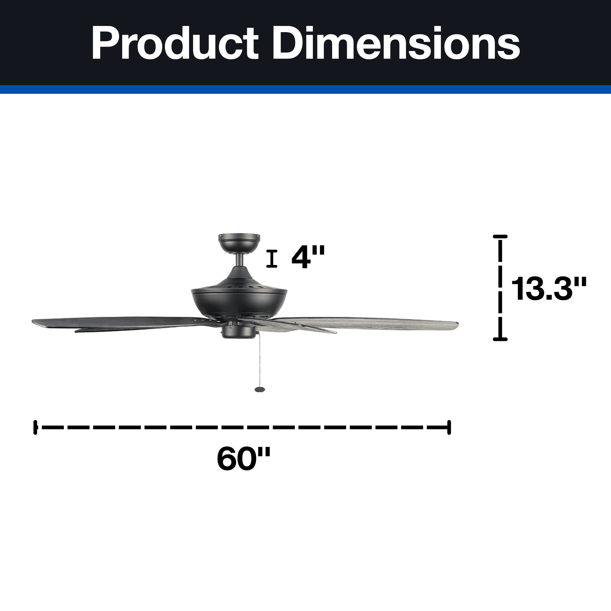 Mainstays 60" Black Large Room Indoor/Outdoor Ceiling Fan with 5 Blades, Pull Chain & Reverse Airflow