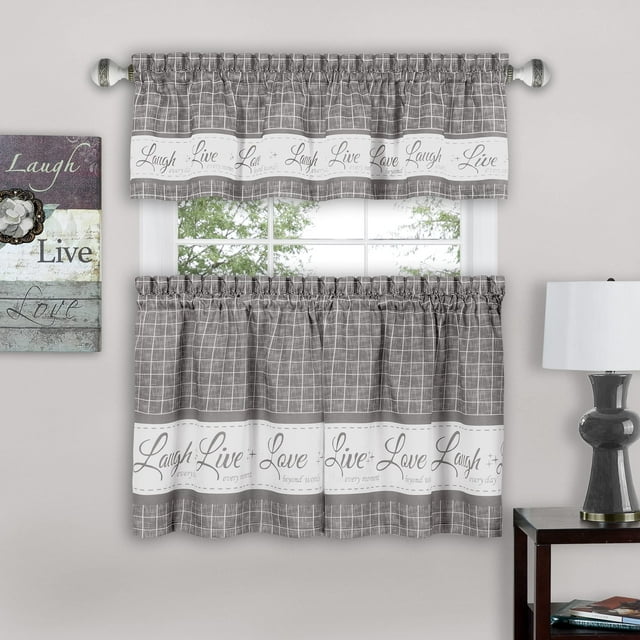 Juego de cortinas para ventana Achim Home Decor Live Love Laugh, color gris