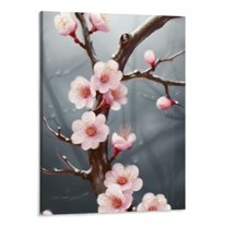 Creowell  Pink and Grey Flower Wall Art Plum Blossom Tree Branches Painting Printed on Canvas Gallery Wrapped Pink Floral Pictures Artwork for Living Room Office Home Decor 16x20 inch