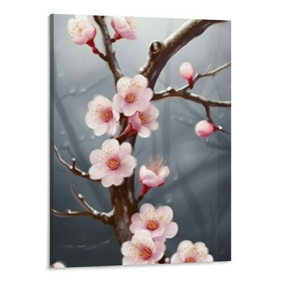 Creowell  Pink and Grey Flower Wall Art Plum Blossom Tree Branches Painting Printed on Canvas Gallery Wrapped Pink Floral Pictures Artwork for Living Room Office Home Decor 16x20 inch