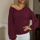 thumbnail image 3 of Prendas de Punto Mujer Cuello en V Linterna Manga Larga Suéter de Punto Suelto Camisa de Tejer Top para otoño Rojo L, 3 of 6